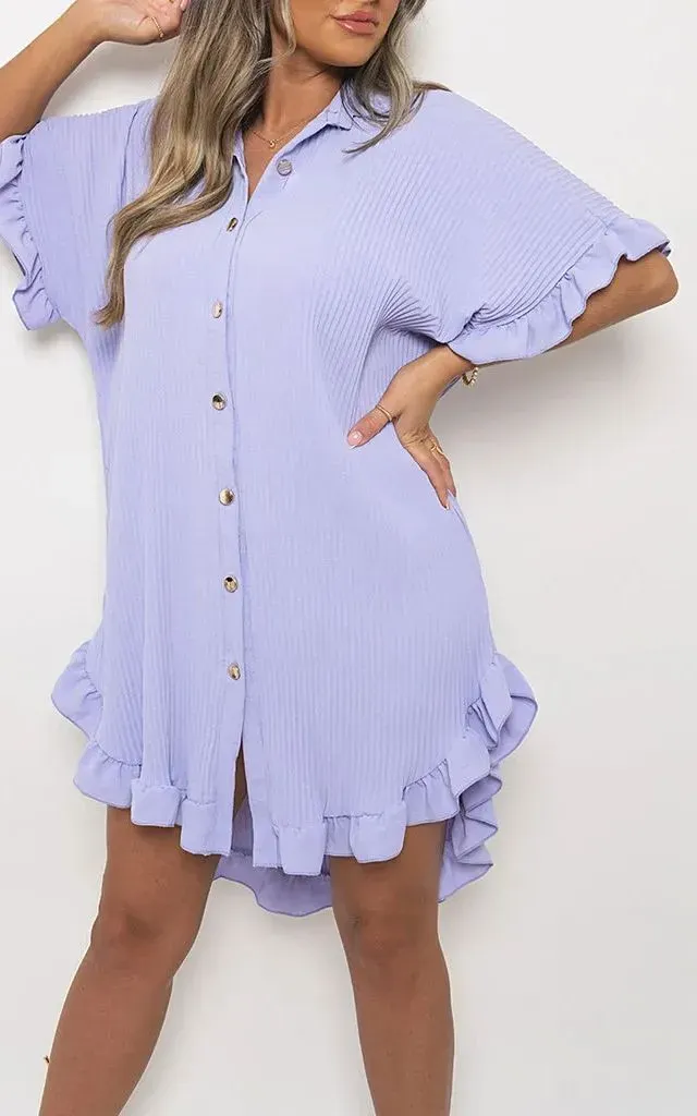 🔥🔥🔥🔥2024 STRETCH FANCY RIB BUTTON DOWN OVERSIZED RUFFLE SHORT SLEEVE MINI DRESS(BUY 2 FREE SHIPPING)