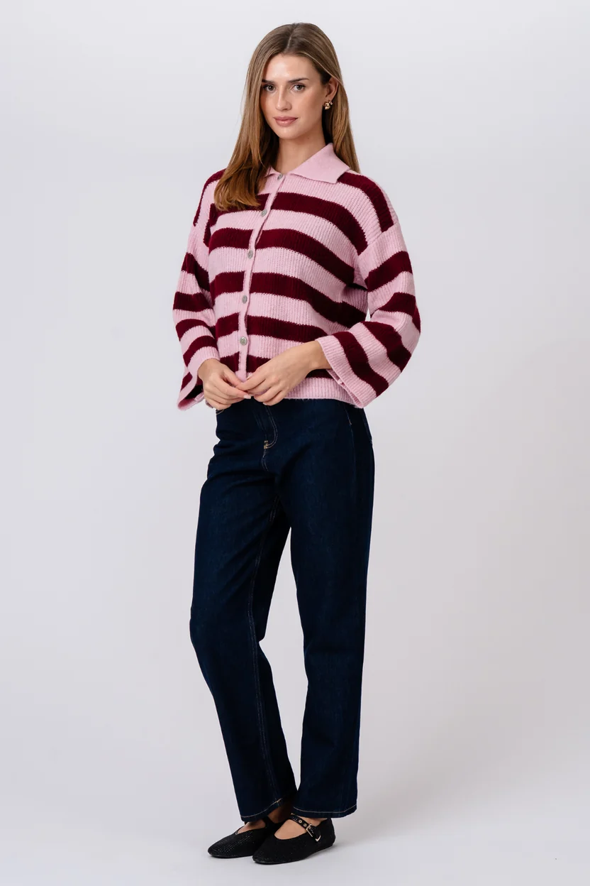 Casual Striped Long Sleeve Button Up Knit Sweater