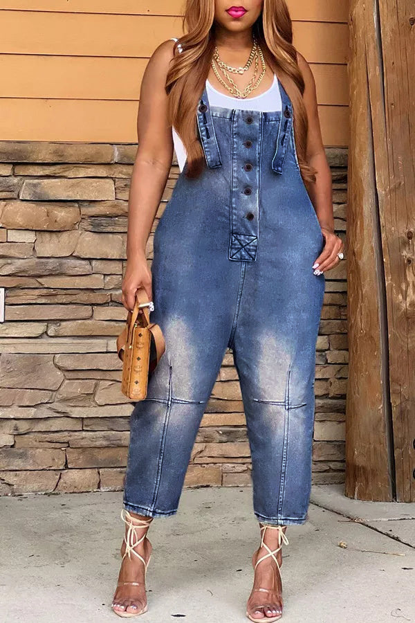 2026 Fashion Casual Designer Style Denim Suspender Jumpsuit