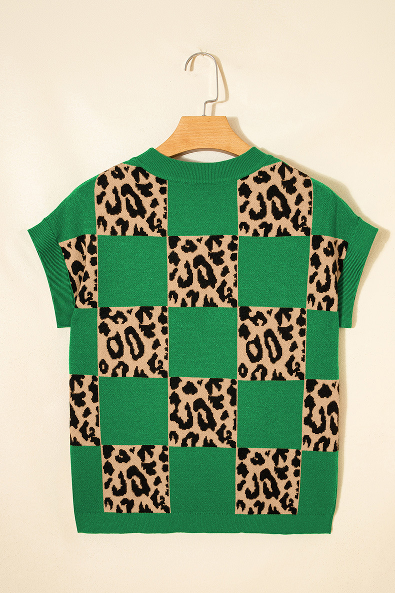 Women's Leopard Print Checkerboard Short-Sleeve Knit Top