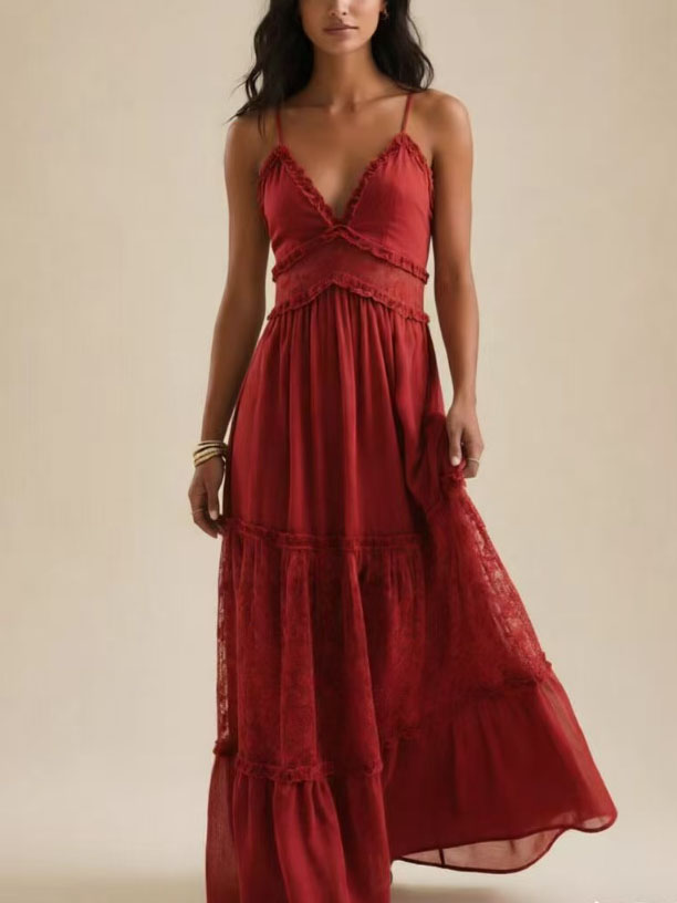 Women's Lace Trim Floral Chiffon Tiered Maxi Dress