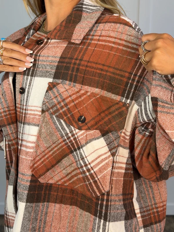 Oversized Plaid Flannel Shacket, Casual Button‑Front Layering Outerwear