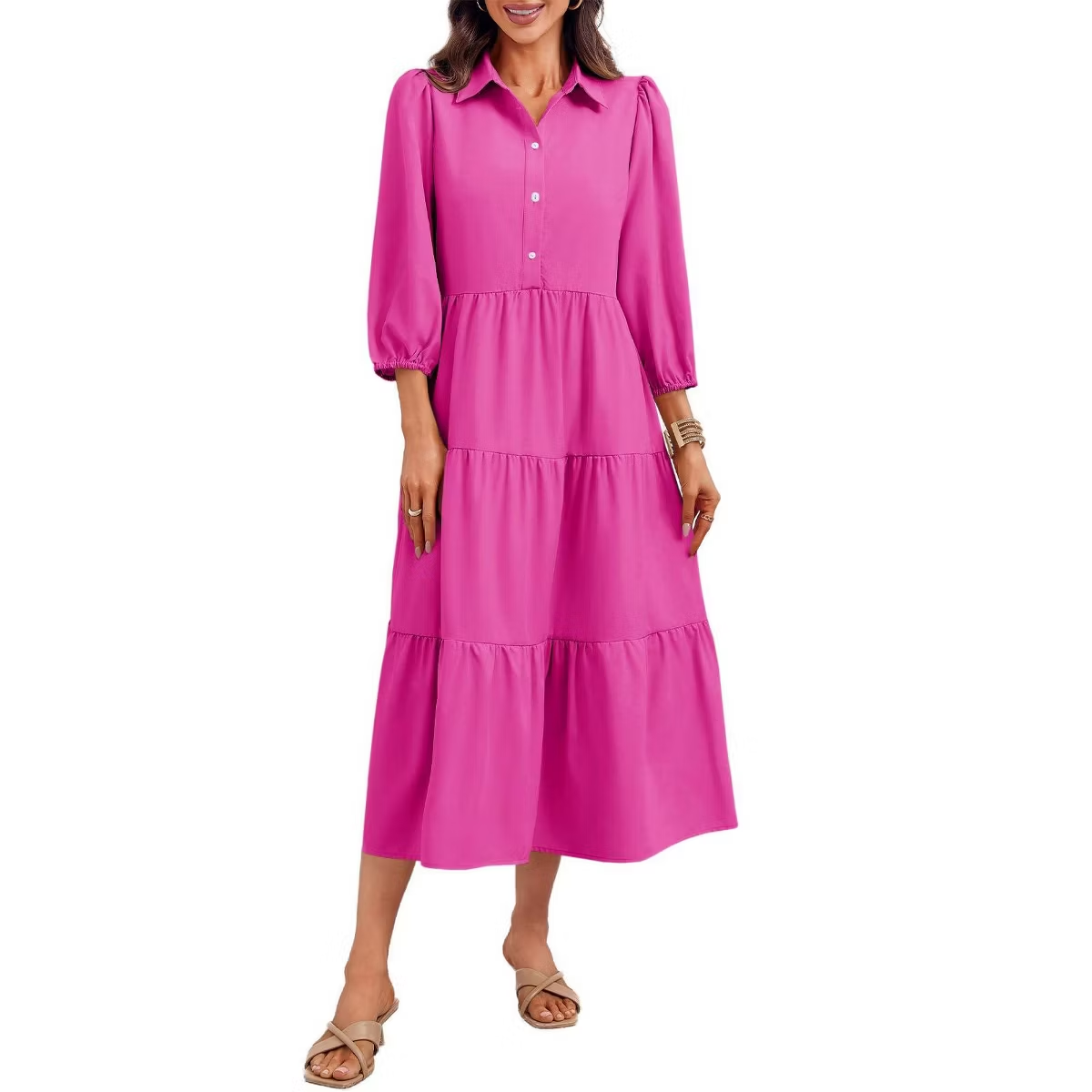 Women's Casual Flowy Collared 3/4 Sleeve Tiered Midi Shirt Dress