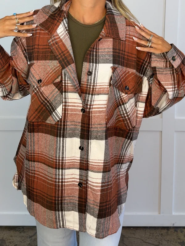 Oversized Plaid Flannel Shacket, Casual Button‑Front Layering Outerwear