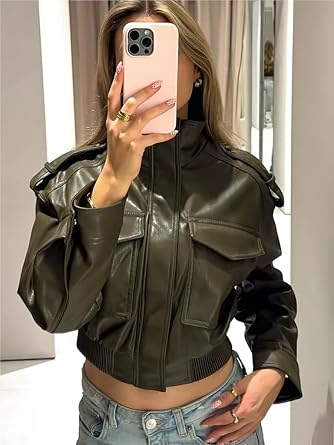 Leather Jacket Women Stand Collar Zip Up Cropped Leather Jacket Women Trendy 2026