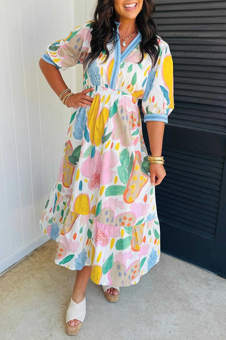 Women's Watercolor Floral Elastic Waist Midi Dress