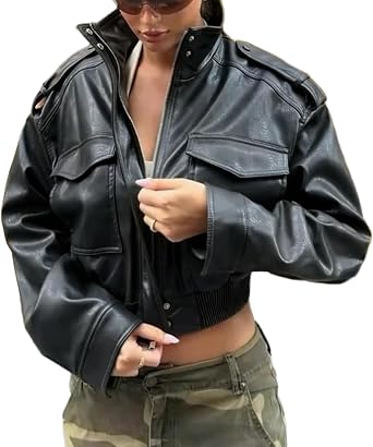 Leather Jacket Women Stand Collar Zip Up Cropped Leather Jacket Women Trendy 2026