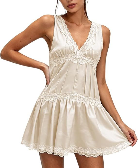 Women’s Tiered Ruffled Satin Lace Slip Mini Dress, Chic Comfortable Home & Daily Casual Dress