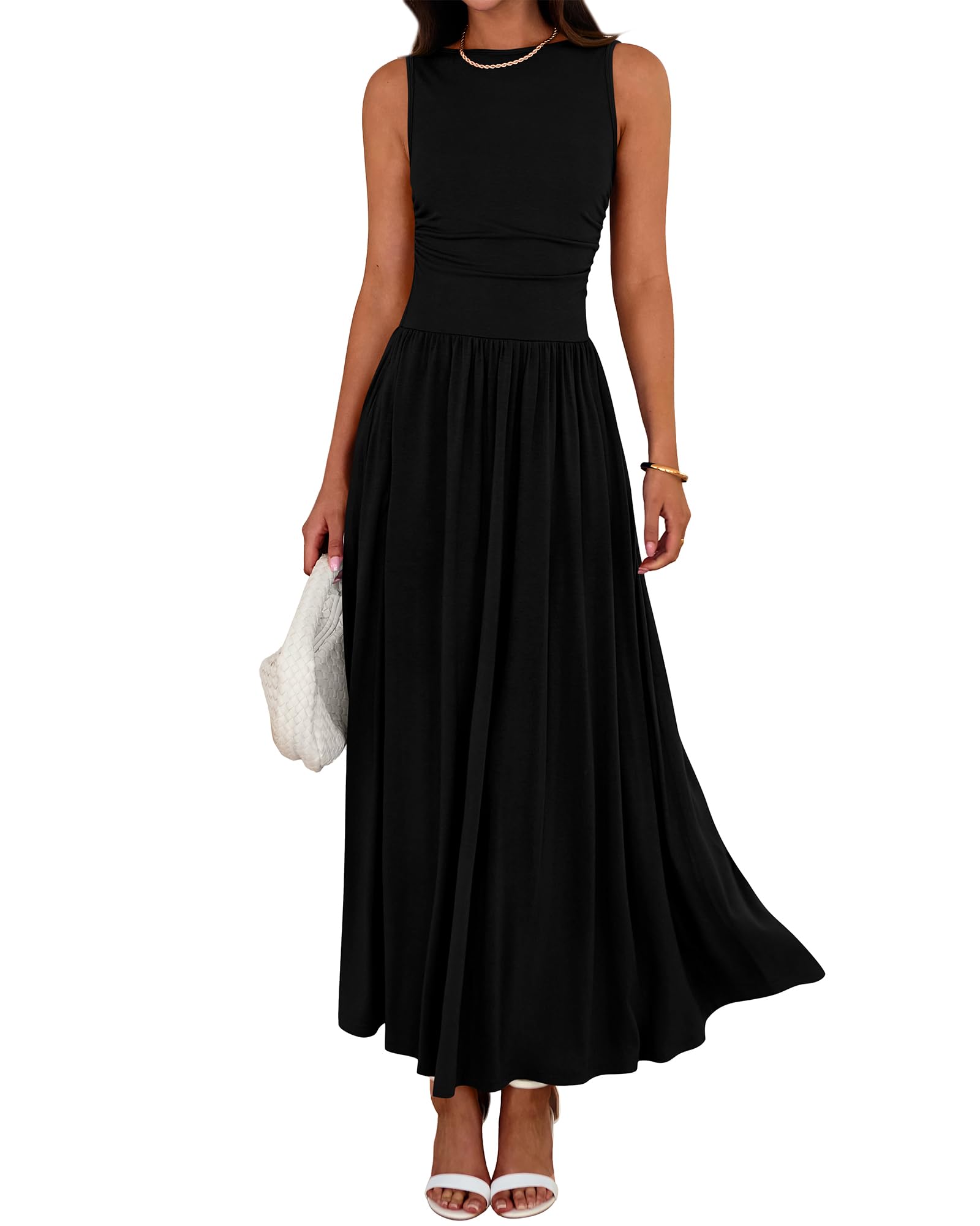 Women's Solid Color Sleeveless Waist Pleated Design Dress with Pockets