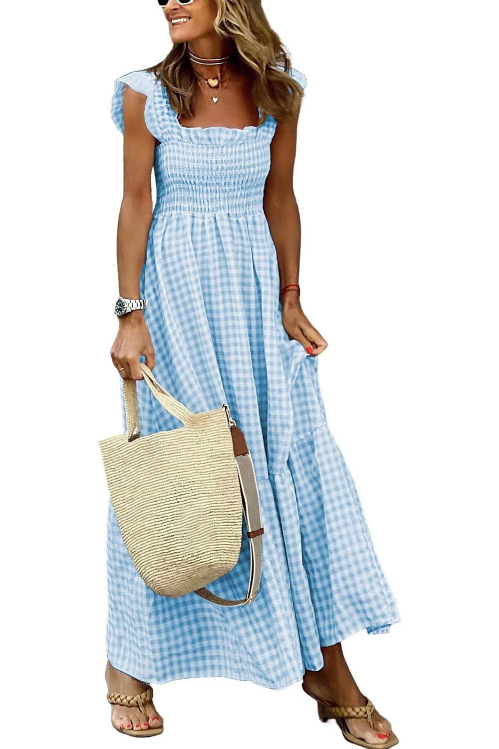 Women's Retro Plaid Smocked Dress Spaghetti Strap Flounce Long Dress