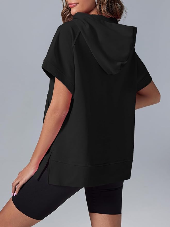 Women's Oversized Casual Half Zip Short Sleeve Pullover Tops with Pockets