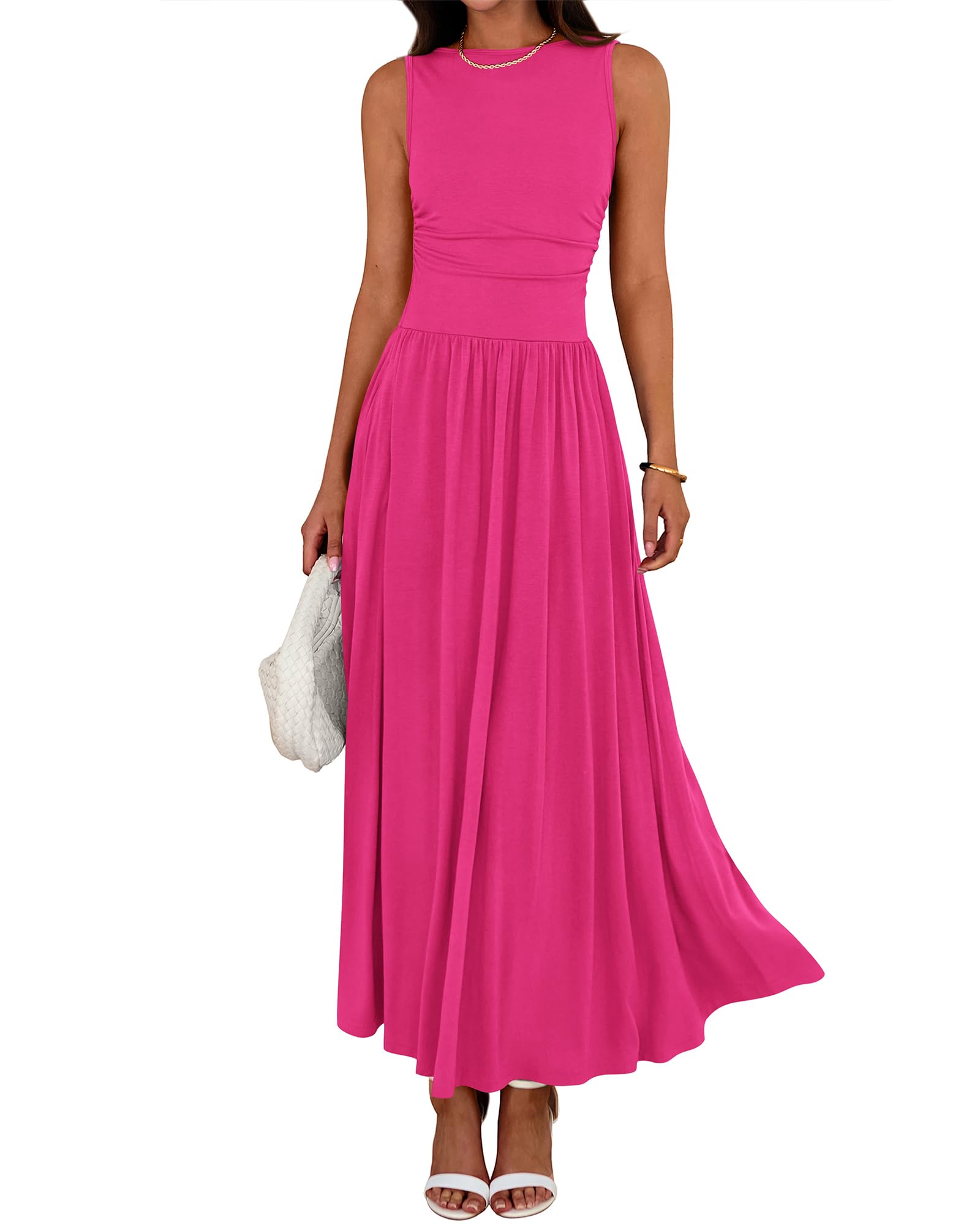 Women's Solid Color Sleeveless Waist Pleated Design Dress with Pockets