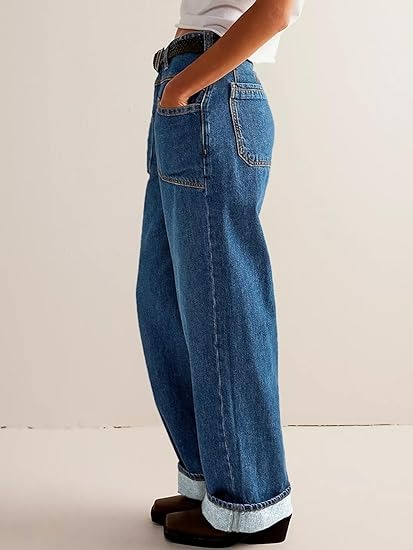 Womens Boyfriend Wide Leg Jeans Casual Loose Mid Rise Denim Pants with Pockets