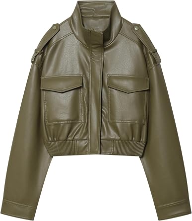 Leather Jacket Women Stand Collar Zip Up Cropped Leather Jacket Women Trendy 2026