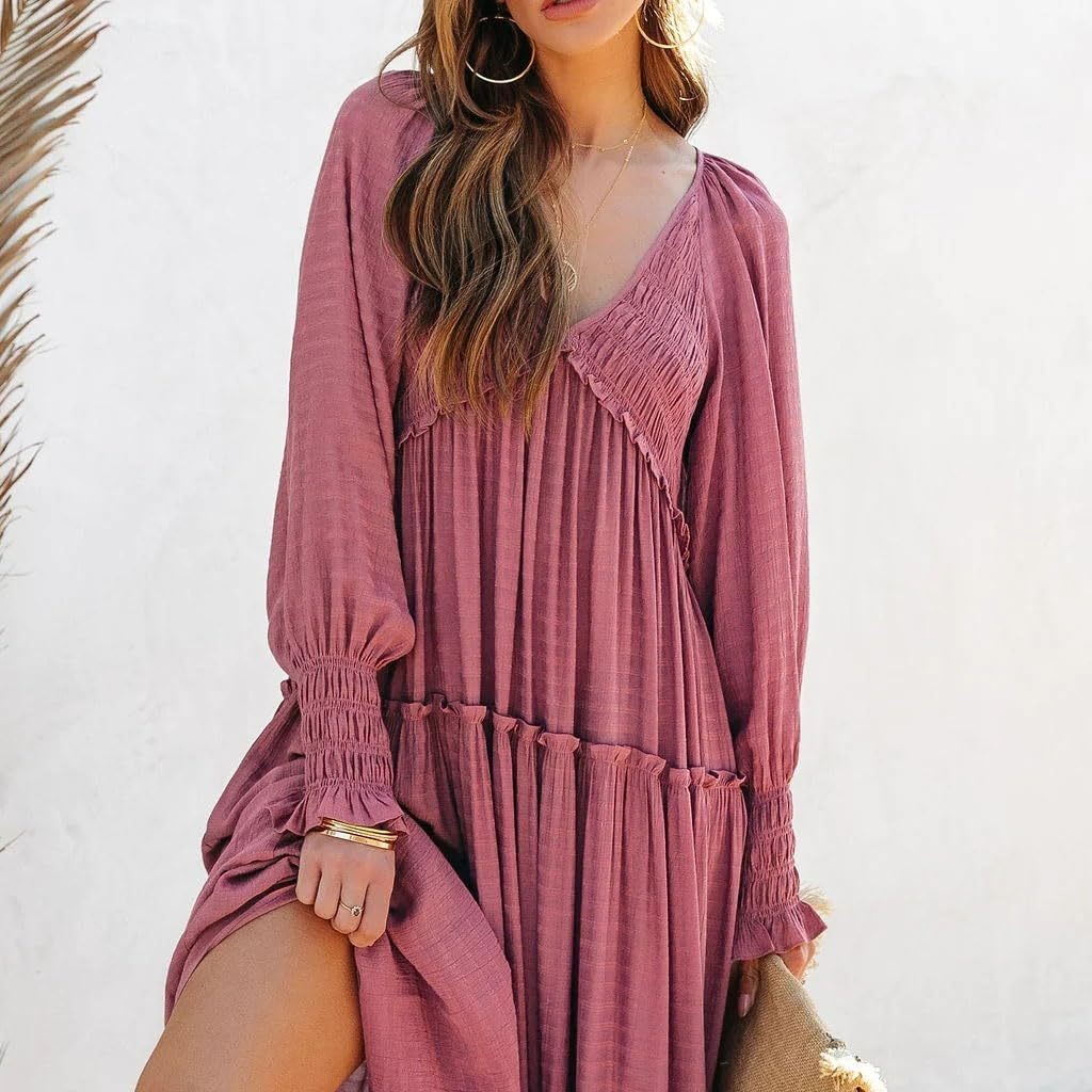 Women Long Sleeve V Neck Boho Casual Flowy Long Dresses?Buy 2 Free Shipping