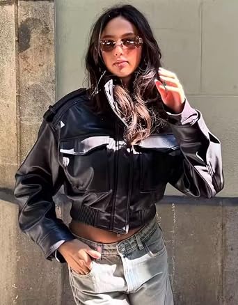 Leather Jacket Women Stand Collar Zip Up Cropped Leather Jacket Women Trendy 2026