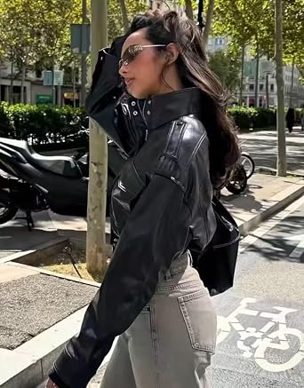Leather Jacket Women Stand Collar Zip Up Cropped Leather Jacket Women Trendy 2026