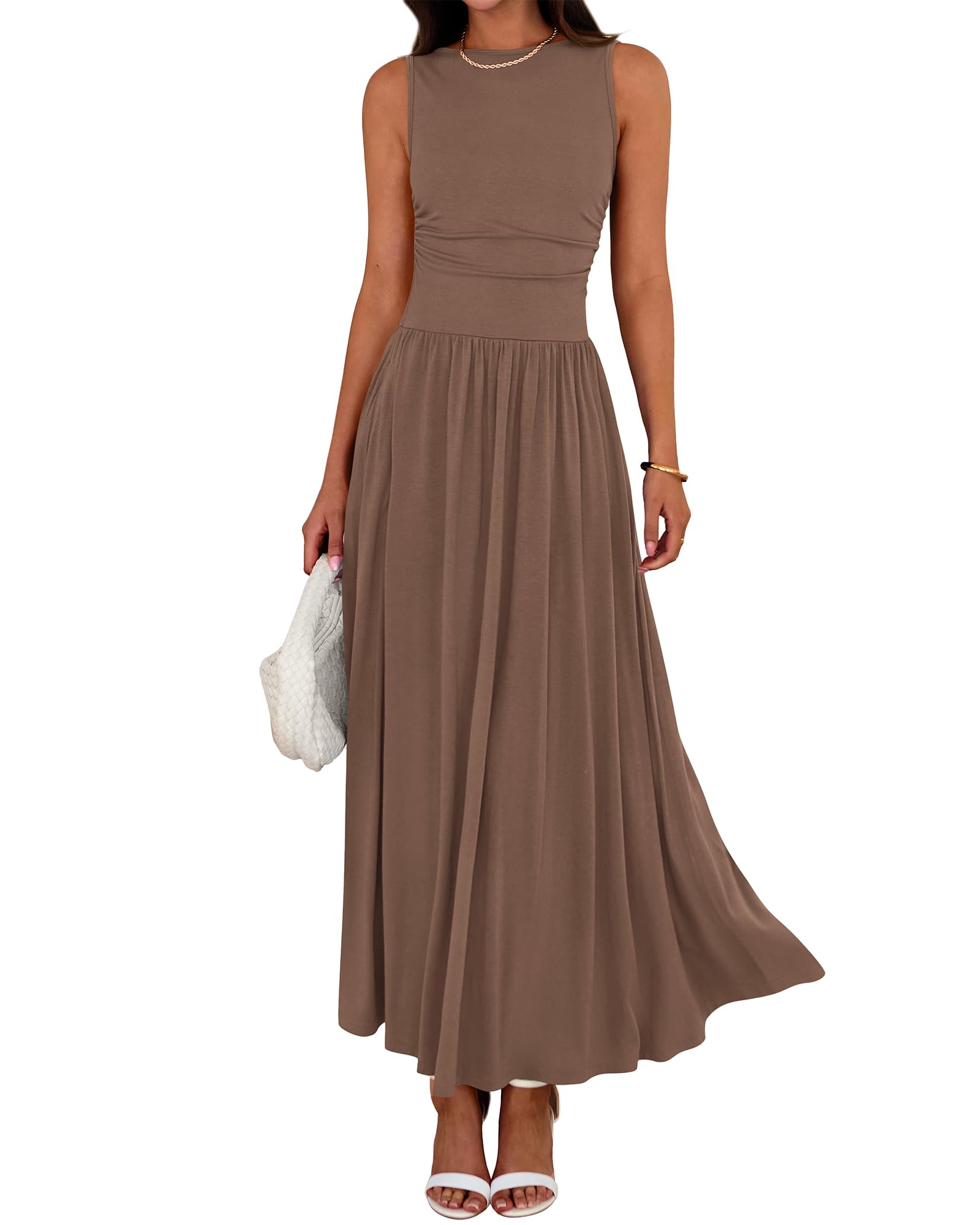 Women's Solid Color Sleeveless Waist Pleated Design Dress with Pockets