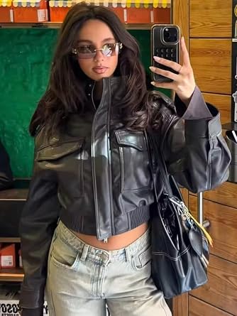 Leather Jacket Women Stand Collar Zip Up Cropped Leather Jacket Women Trendy 2026