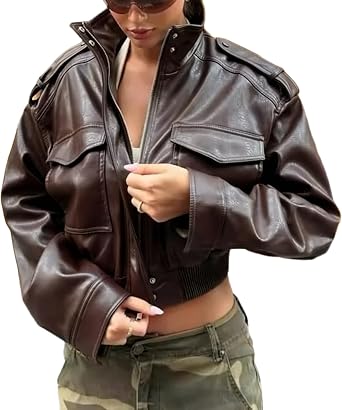 Leather Jacket Women Stand Collar Zip Up Cropped Leather Jacket Women Trendy 2026