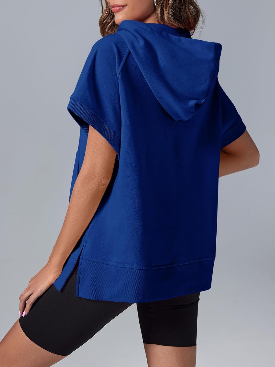 Women's Oversized Casual Half Zip Short Sleeve Pullover Tops with Pockets
