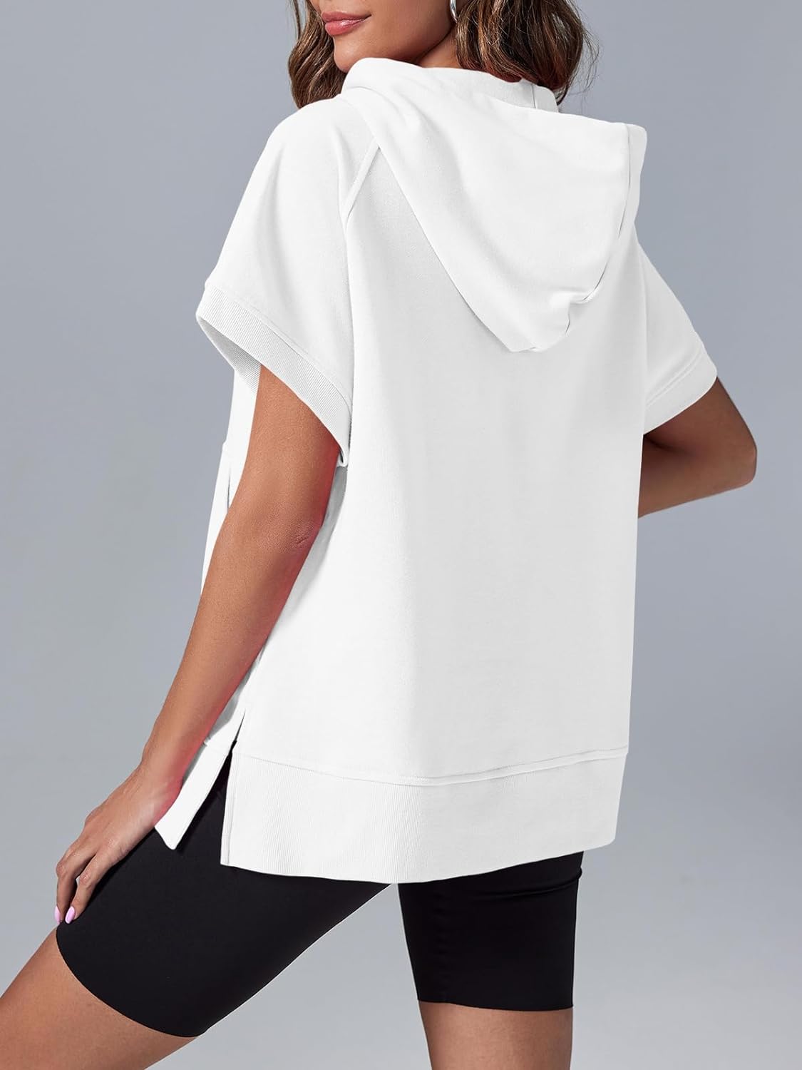 Women's Oversized Casual Half Zip Short Sleeve Pullover Tops with Pockets