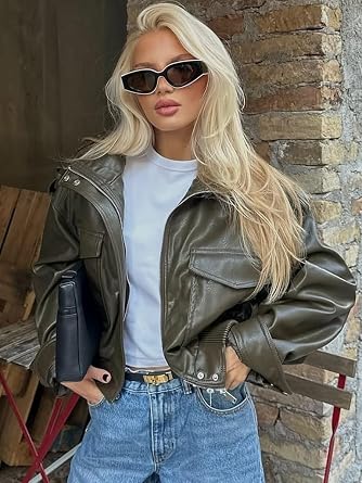 Leather Jacket Women Stand Collar Zip Up Cropped Leather Jacket Women Trendy 2026
