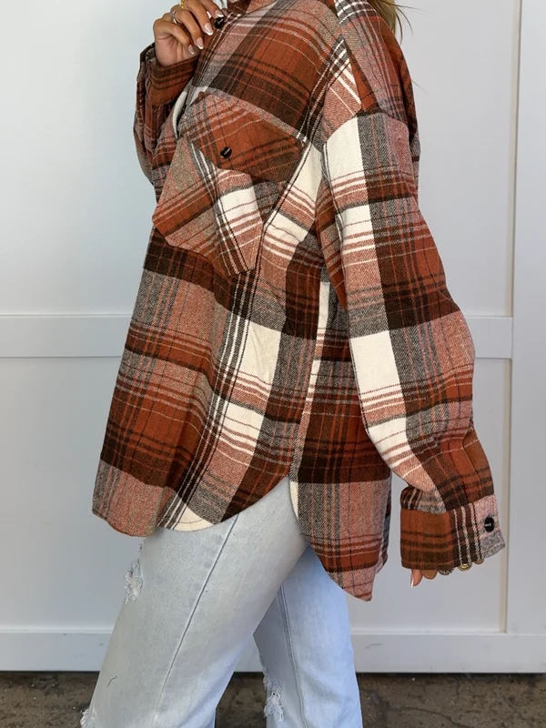 Oversized Plaid Flannel Shacket, Casual Button‑Front Layering Outerwear