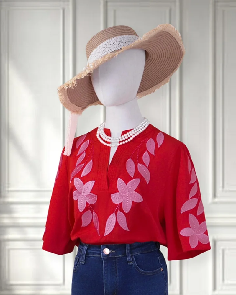 Women's V Neck Puff Sleeve Floral Embroidery  T-Shirt (Buy 2 Free Shipping)
