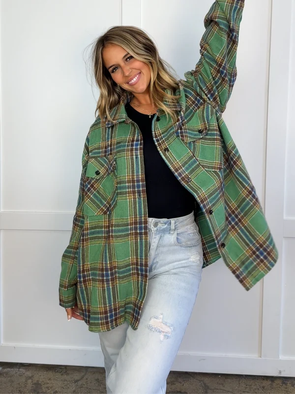 Oversized Plaid Flannel Shacket, Casual Button‑Front Layering Outerwear