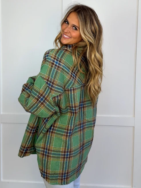 Oversized Plaid Flannel Shacket, Casual Button‑Front Layering Outerwear