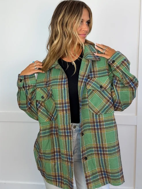 Oversized Plaid Flannel Shacket, Casual Button‑Front Layering Outerwear