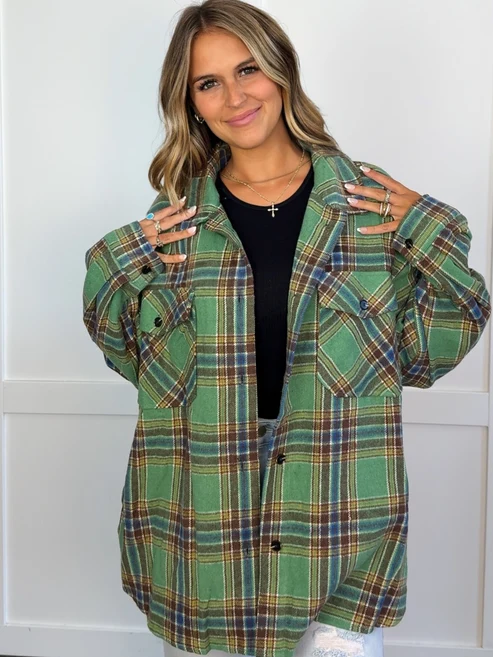 Oversized Plaid Flannel Shacket, Casual Button‑Front Layering Outerwear