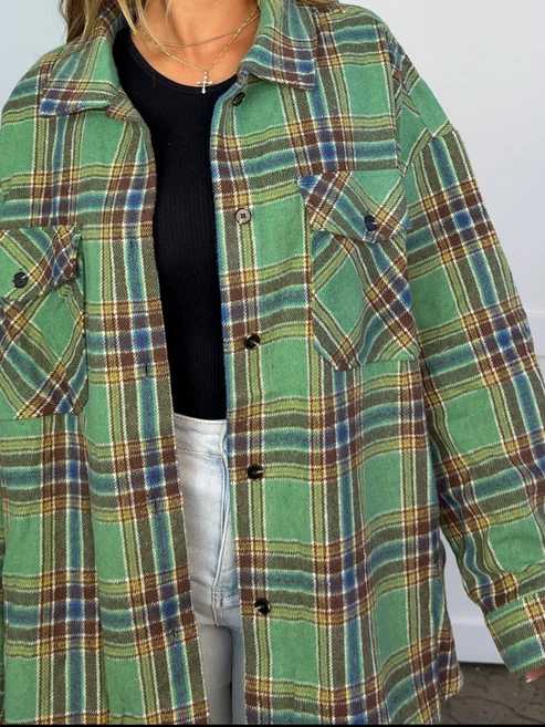Oversized Plaid Flannel Shacket, Casual Button‑Front Layering Outerwear