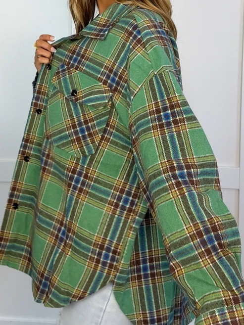 Oversized Plaid Flannel Shacket, Casual Button‑Front Layering Outerwear