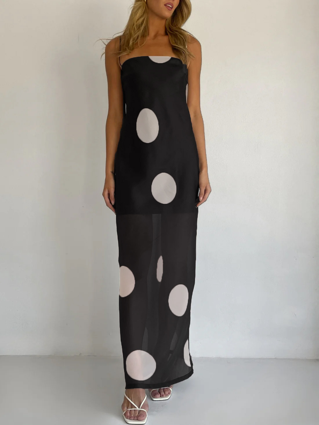Women's Polka Dot Sheer Overlay Maxi Slip Dress