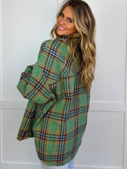 Oversized Plaid Flannel Shacket, Casual Button‑Front Layering Outerwear