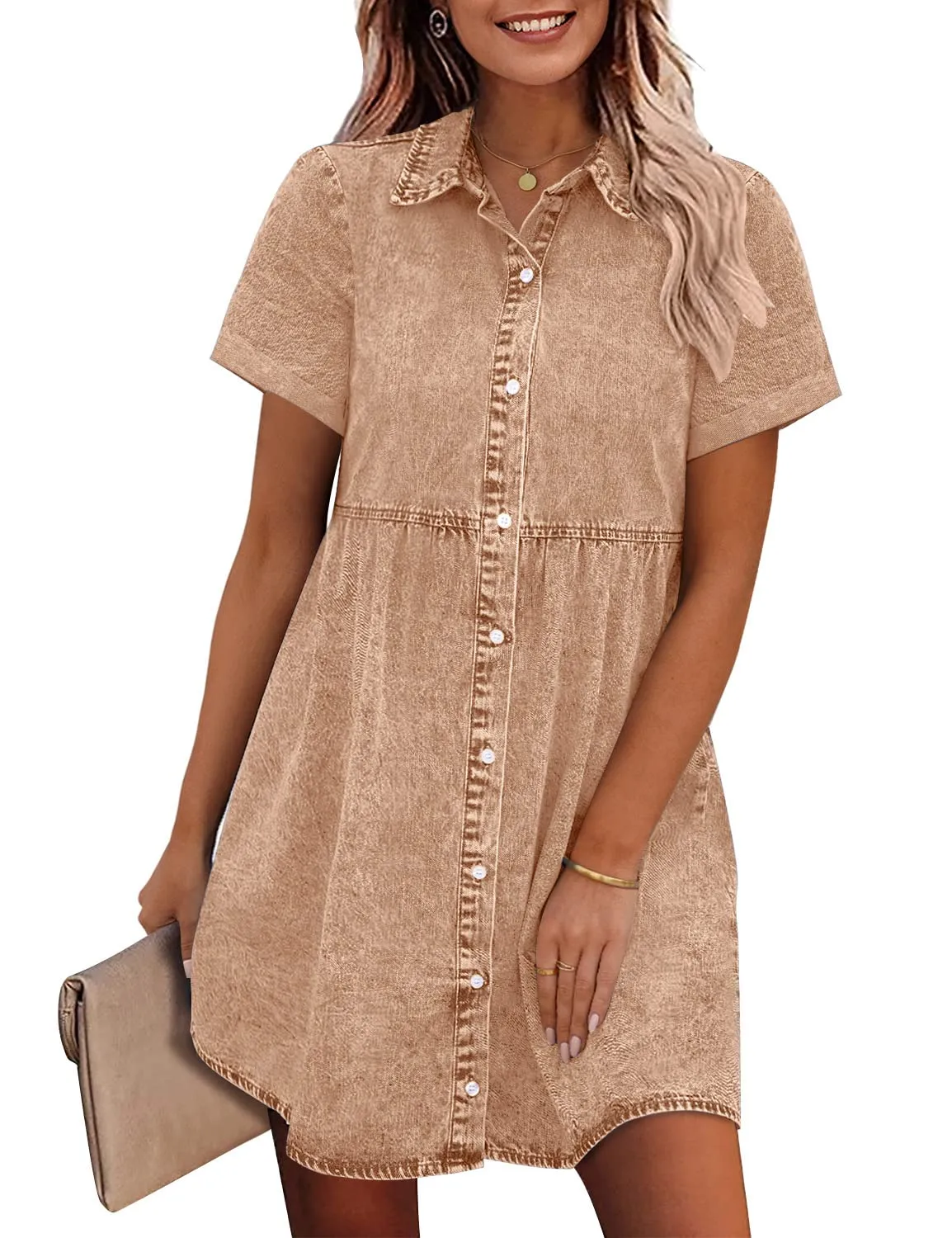 🔥🔥🔥🔥Women's Short Sleeve Button Down Flowy Tiered Babydoll Denim Dress（Buy 2 Free Shipping）