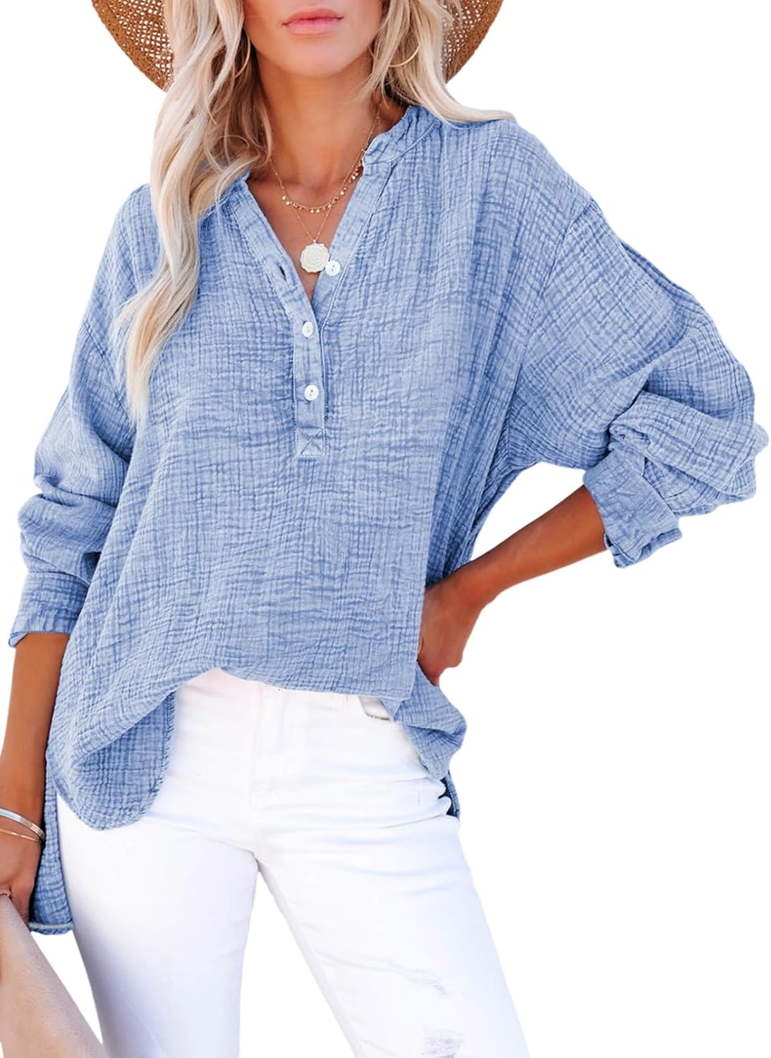 Womens Casual Gauze Muslin Button Neck Long Sleeve Oversized Blouses Tops(BUY 2 FREE SHIPPING)