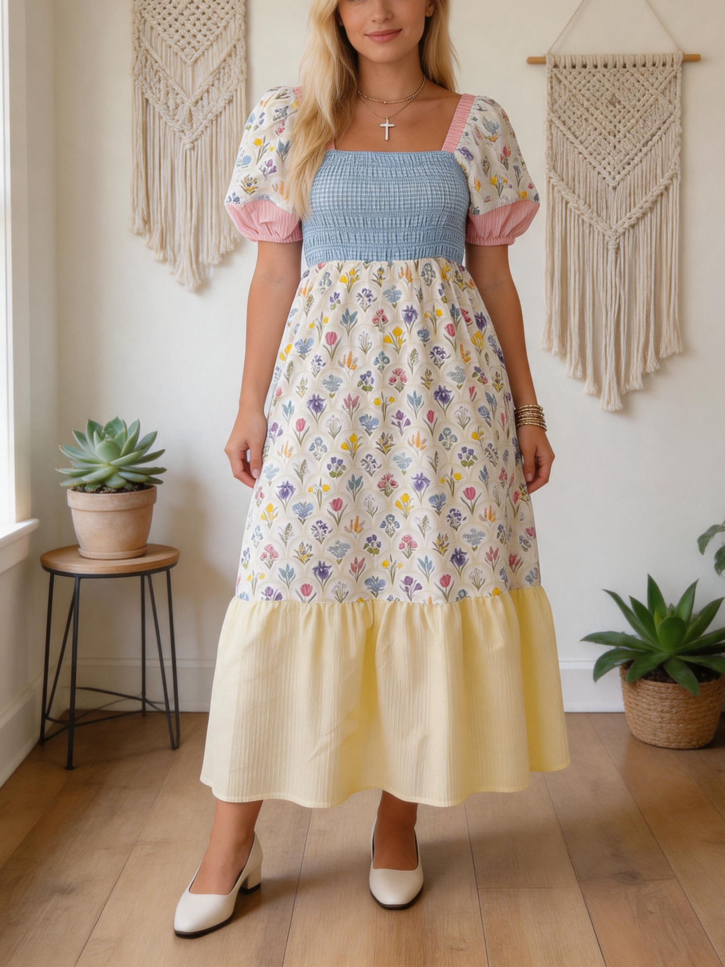 Women's Mixed Print Smocked Tiered Midi Dress