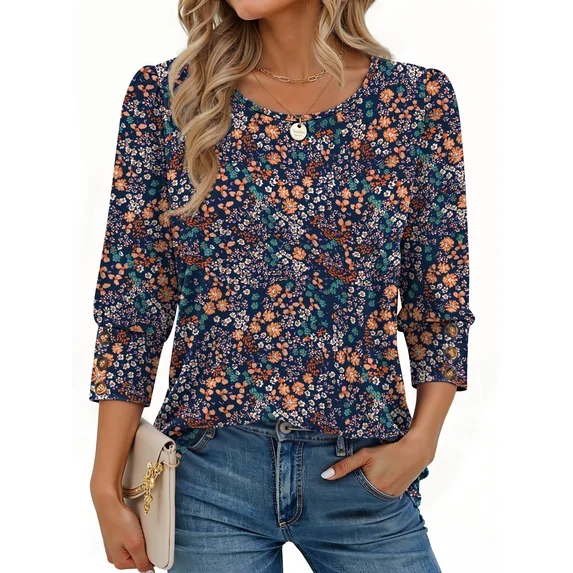 Step into effortless style with this floral 3/4 sleeve tunic top—a versatile essential for everyday wear. An easy‑to‑wear piece for casual outings and daily activities.