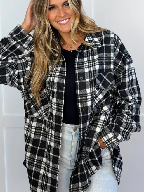 Oversized Plaid Flannel Shacket, Casual Button‑Front Layering Outerwear