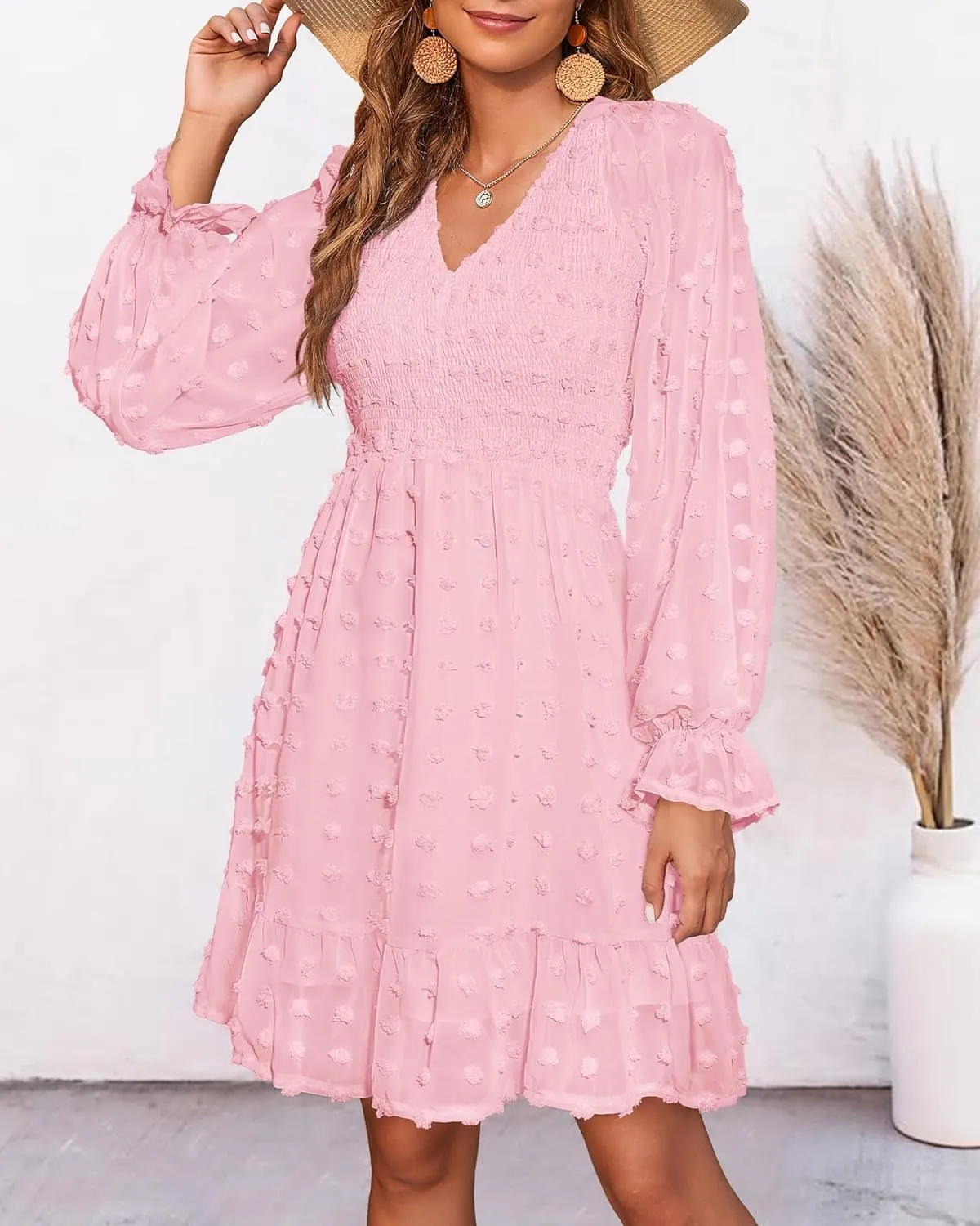 🔥🔥🔥🔥Women's V Neck Casual Smocked Swiss Dot Swing Ruffle Mini Dress