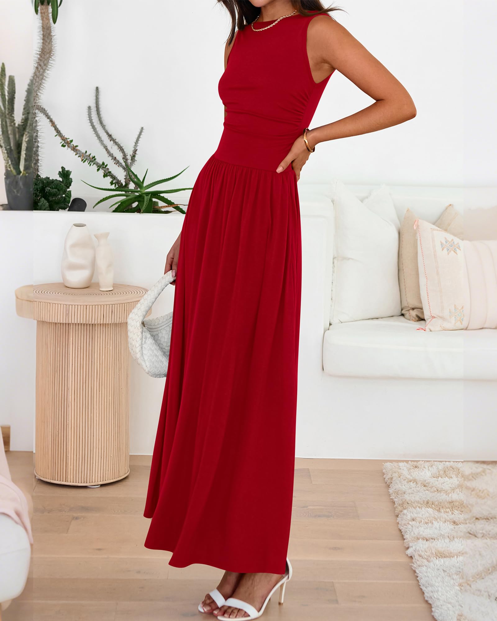 Women's Solid Color Sleeveless Waist Pleated Design Dress with Pockets