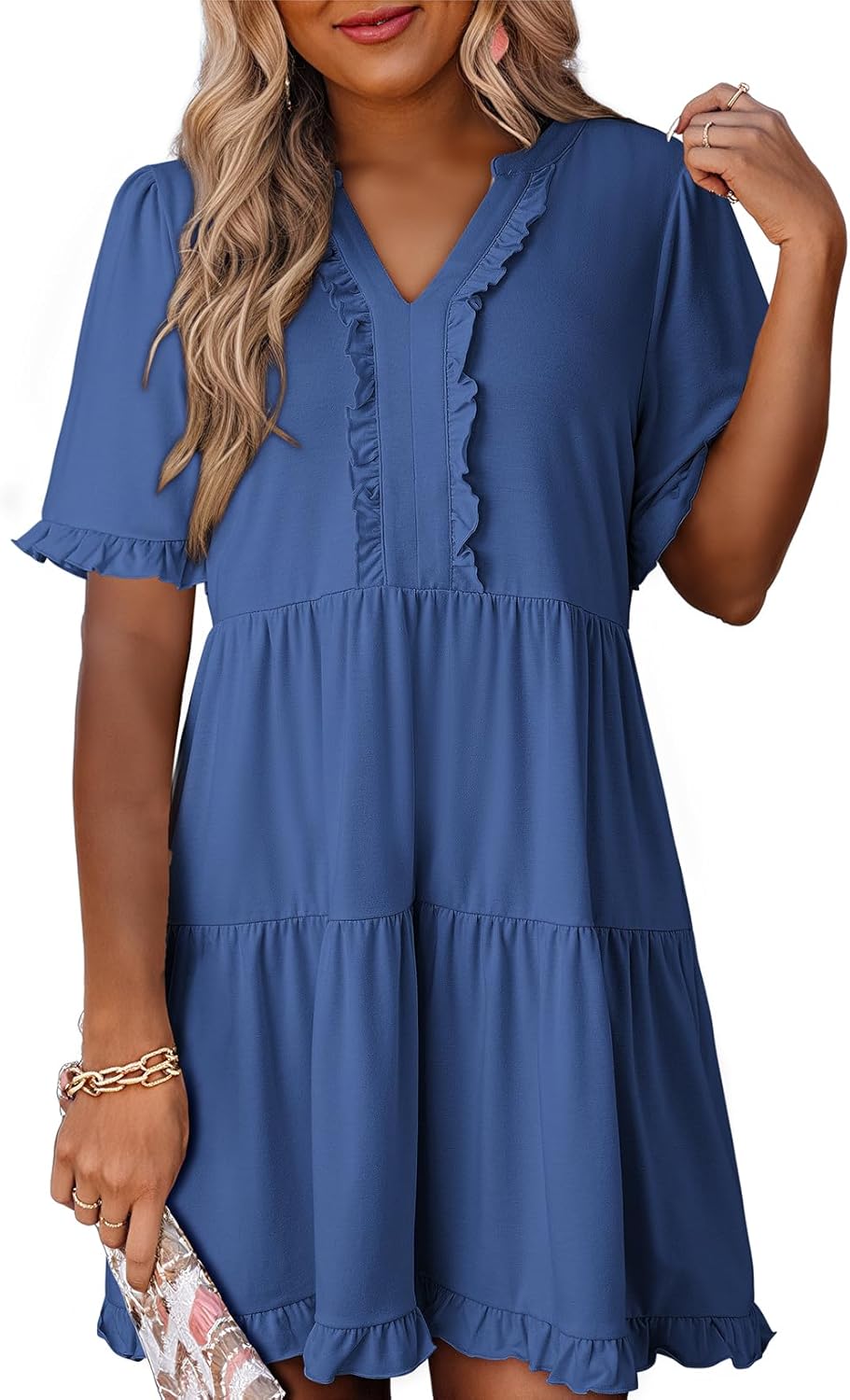 Womens Dresses  V Neck Short Sleeve Casual A Line Flowy Swing Shift Dress(Buy 2 Free Shipping)