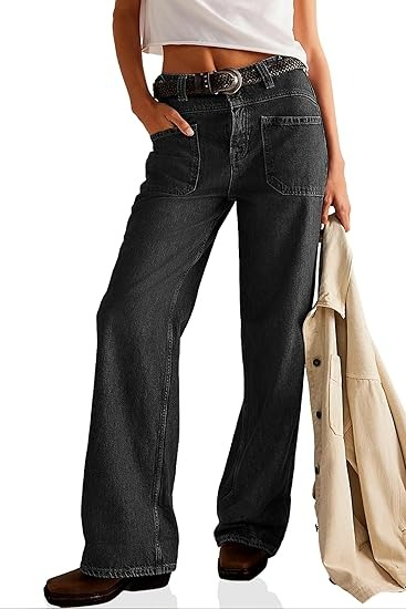 Womens Boyfriend Wide Leg Jeans Casual Loose Mid Rise Denim Pants with Pockets