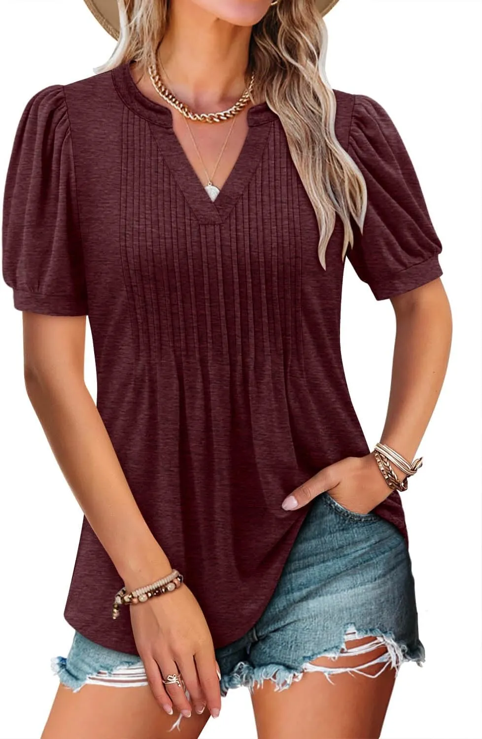 Women's V-neck Loose Pleated Short-sleeved Waist Top