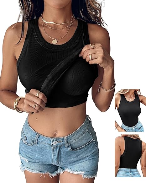 Women's sleeveless casual backless ribbed slim-fit vest with built-in bra（BUY 3 FREE SHIPPING)