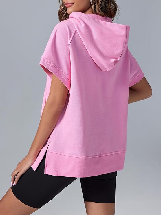 Women's Oversized Casual Half Zip Short Sleeve Pullover Tops with Pockets