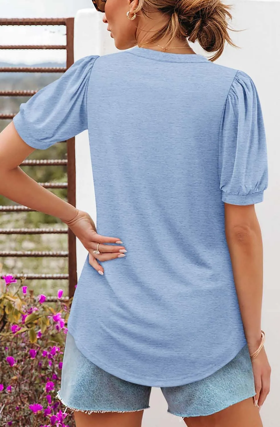 Women's V-neck Loose Pleated Short-sleeved Waist Top